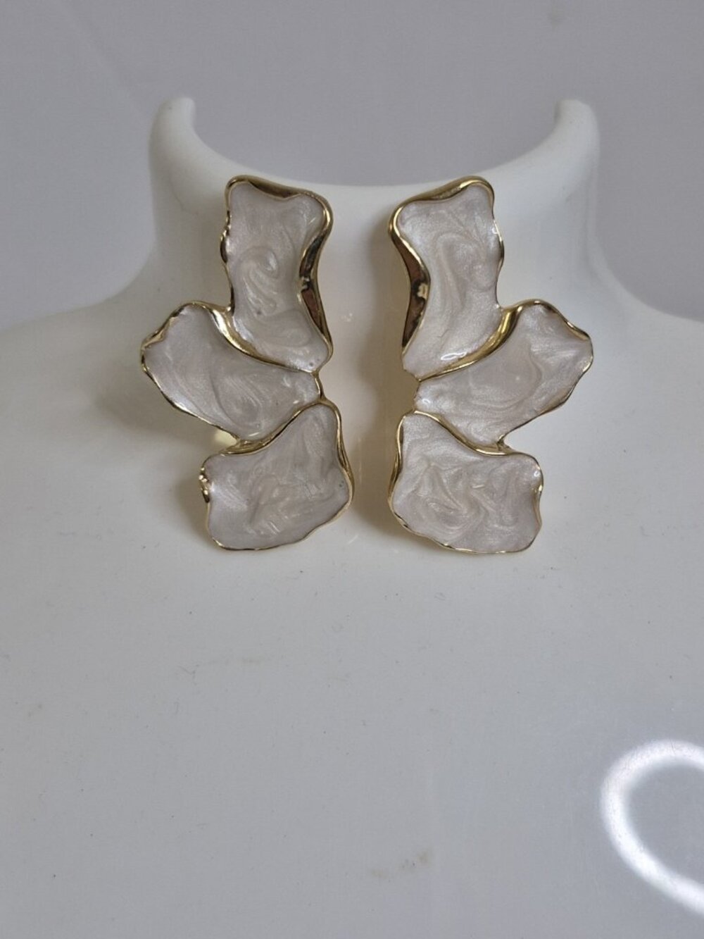 Gold Plated Flower Stud Earrings Cream Epoxy Statement 2"